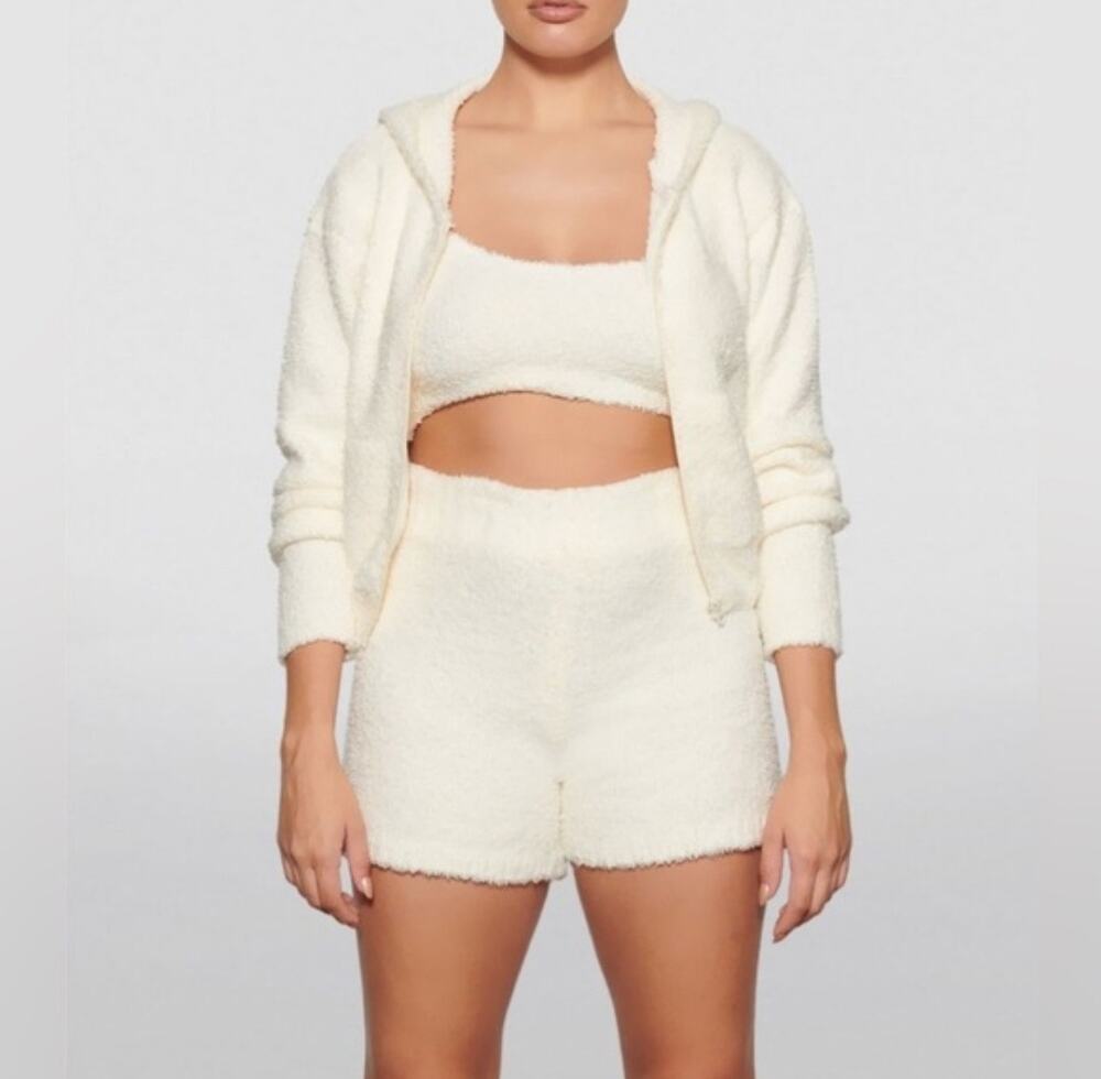 SKIMS Zip Front Hoodie S/M Ivory Teddy Crop Knit Pockets Cozy Lounge